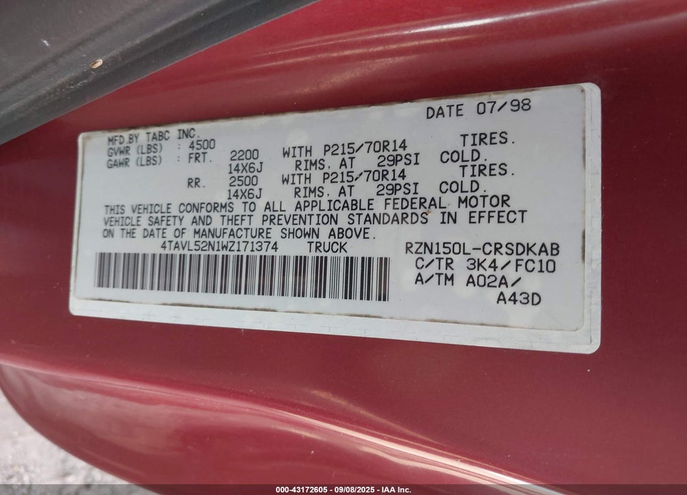 1998 TOYOTA TACOMA VIN: 4TAVL52N1WZ171374