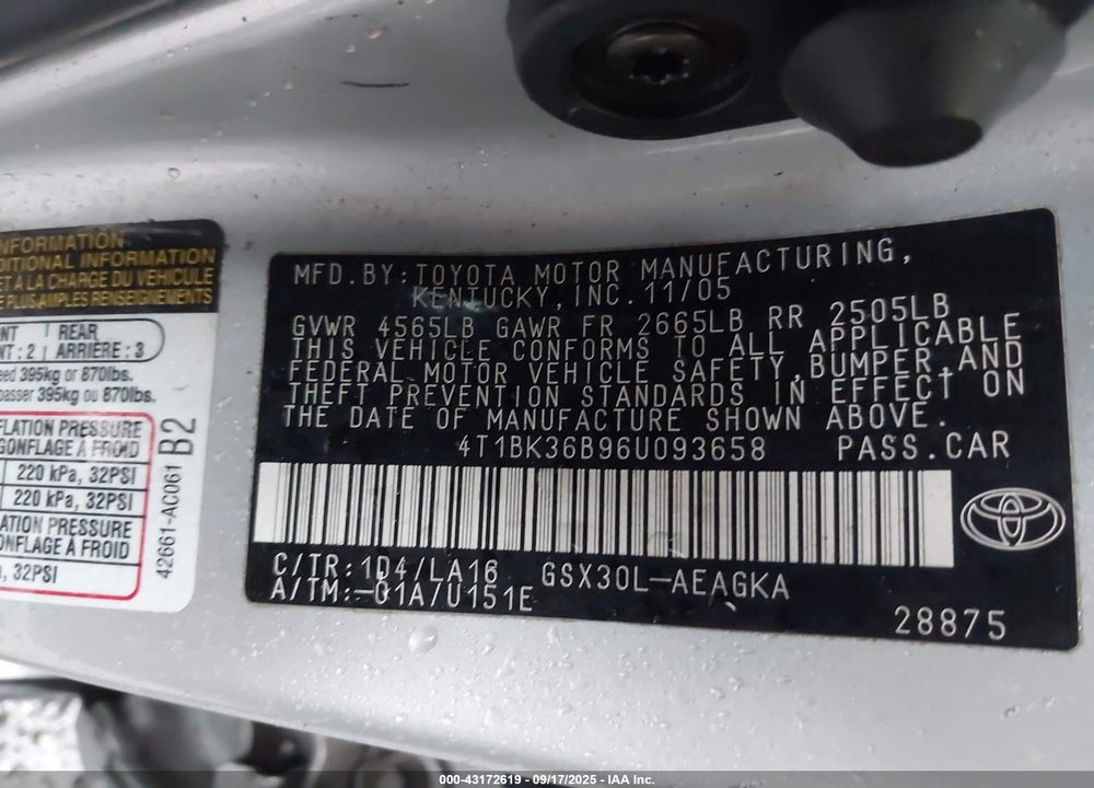 2006 TOYOTA AVALON XLS VIN: 4T1BK36B96U093658
