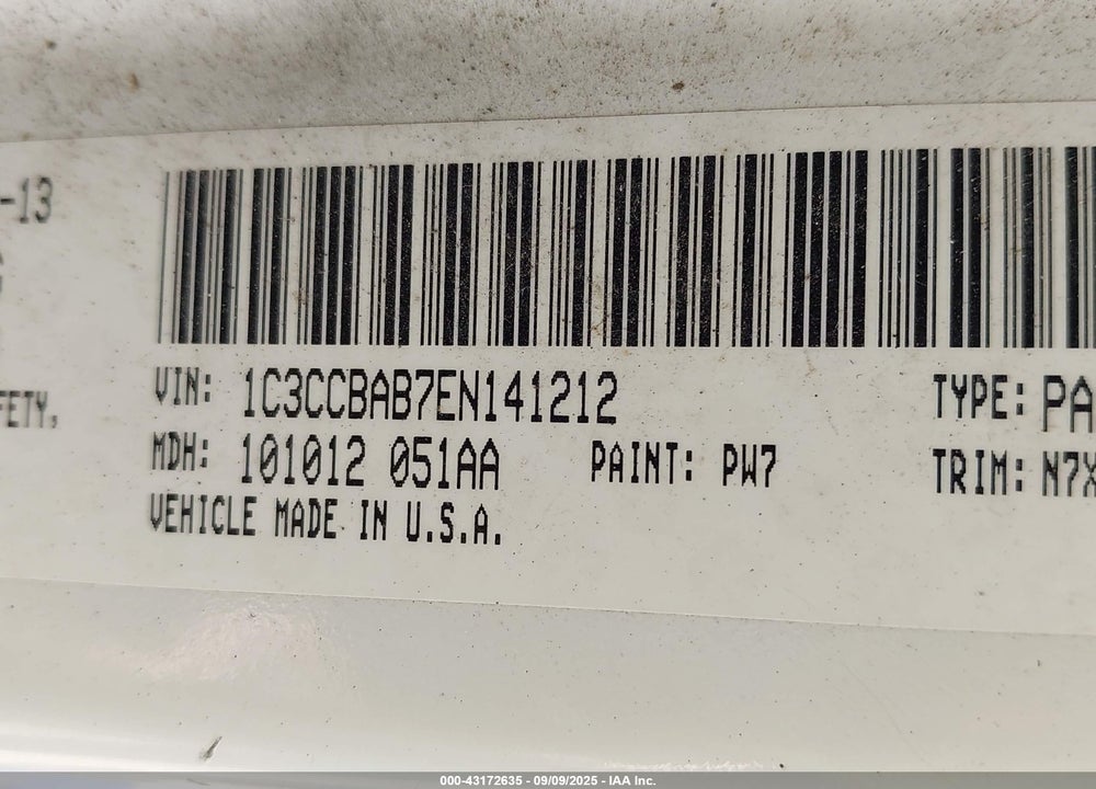 2014 CHRYSLER 200 VIN: 1C3CCBAB7EN141212