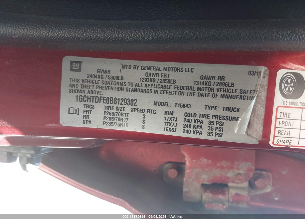2011 CHEVROLET COLORADO VIN: 1GCHTDFE0B8129302