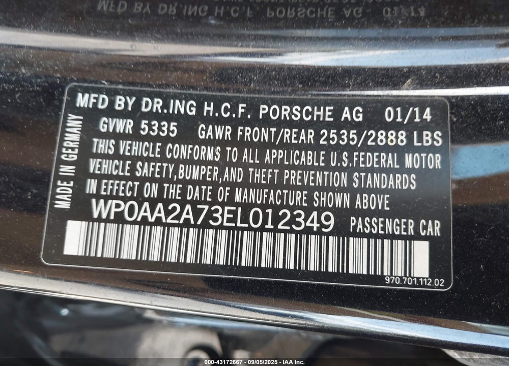 2014 PORSCHE PANAMERA VIN: WP0AA2A73EL012349