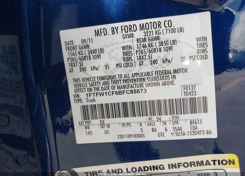 2011 FORD F-150 VIN: 1FTFW1CF6BFC85673