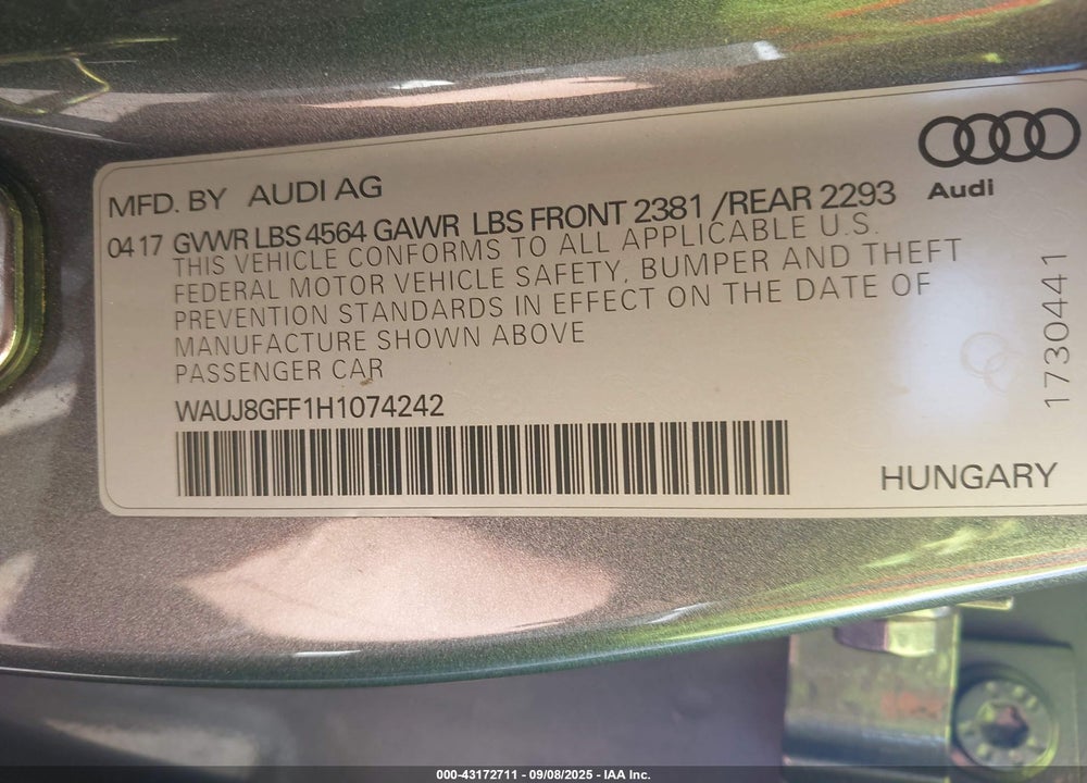 2017 AUDI A3 VIN: WAUJ8GFF1H1074242