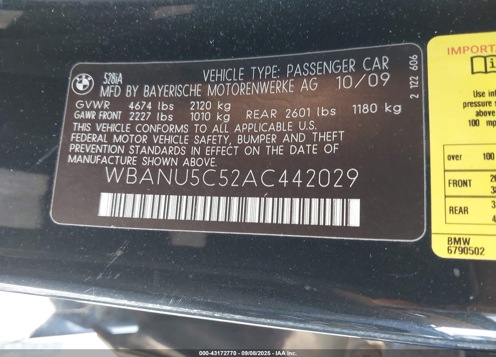 2010 BMW 528I VIN: WBANU5C52AC442029