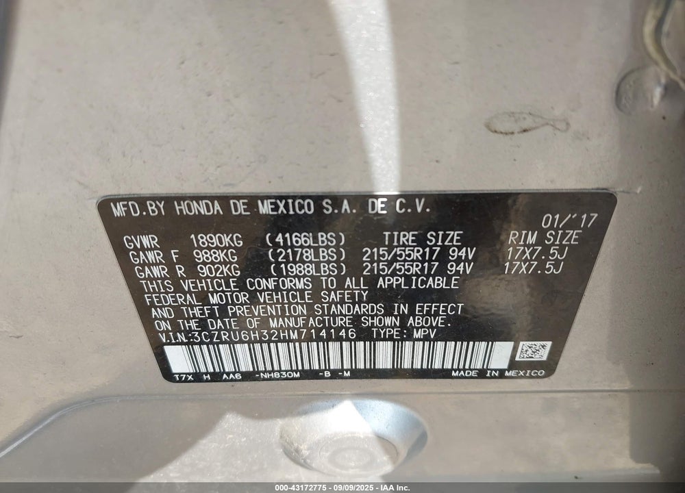 2017 HONDA HR-V VIN: 3CZRU6H32HM714146