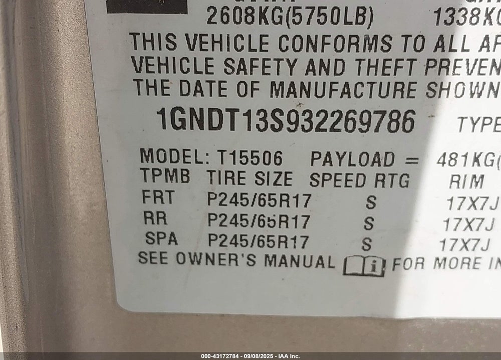 2003 CHEVROLET TRAILBLAZER LTZ VIN: 1GNDT13S932269786