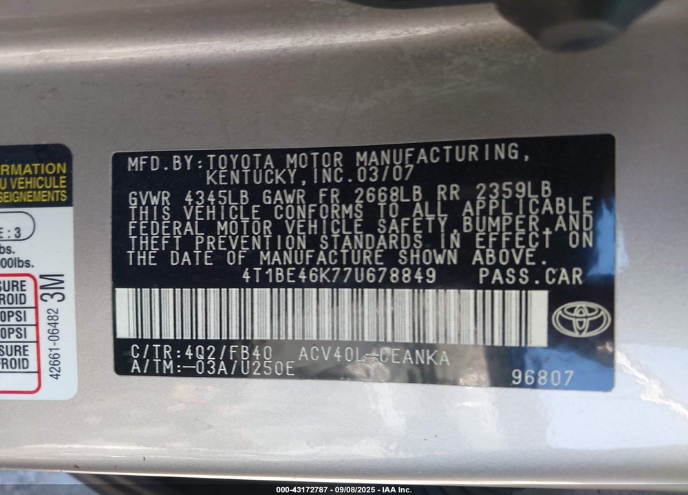 2007 TOYOTA CAMRY LE VIN: 4T1BE46K77U678849