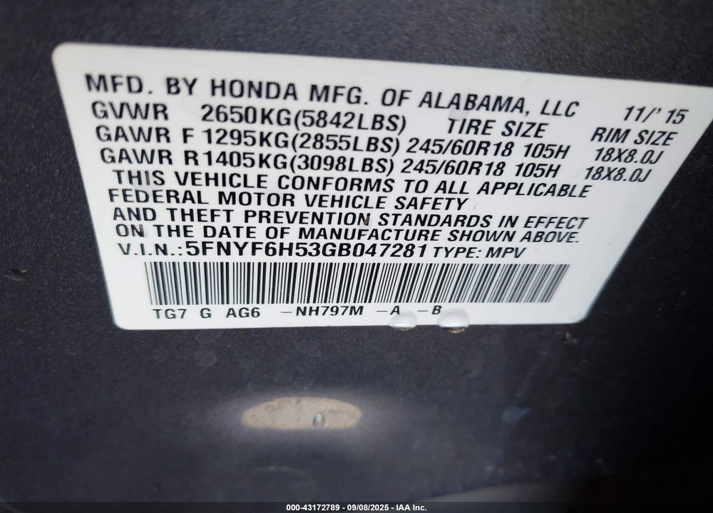 2016 HONDA PILOT VIN: 5FNYF6H53GB047281