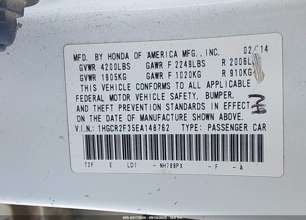 2014 HONDA ACCORD VIN: 1HGCR2F35EA148762