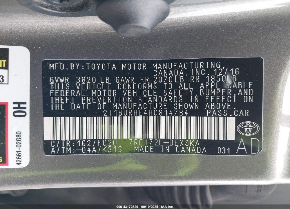 2017 TOYOTA COROLLA VIN: 2T1BURHE4HC814784