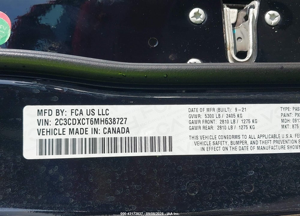 2021 DODGE CHARGER VIN: 2C3CDXCT6MH638727