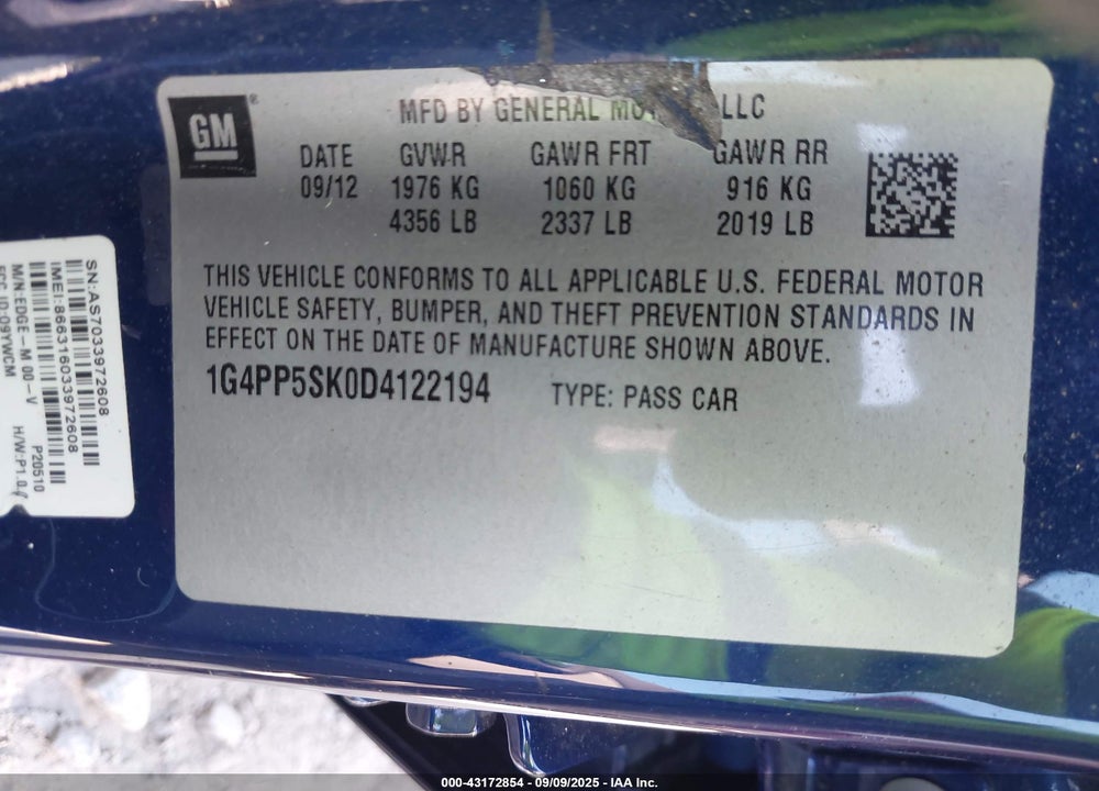 2013 BUICK VERANO VIN: 1G4PP5SK0D4122194