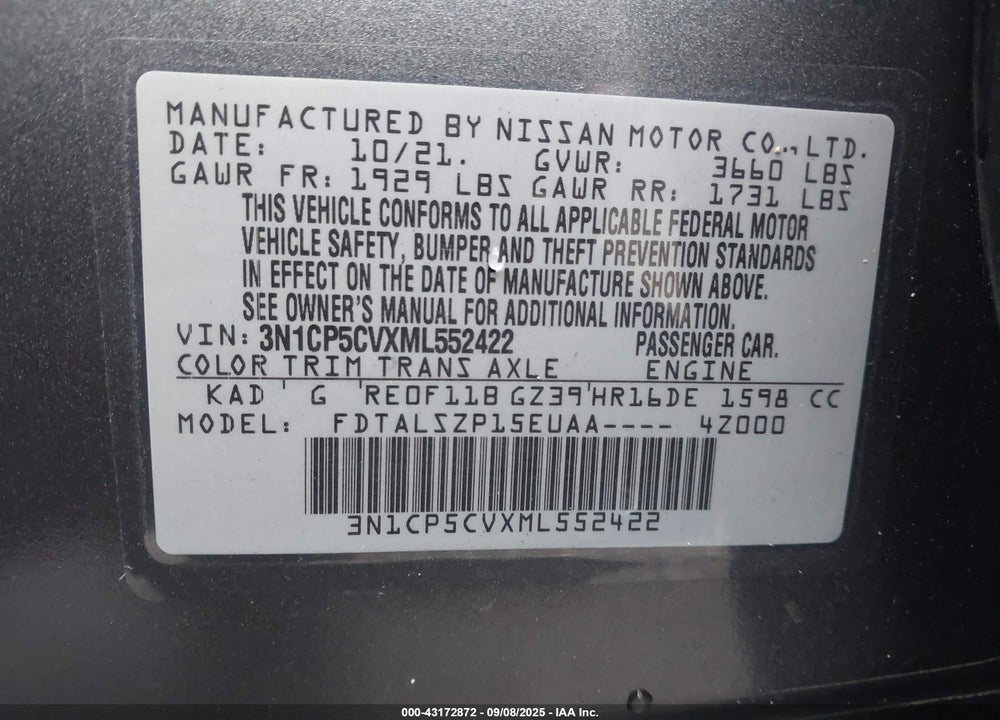 2021 NISSAN KICKS VIN: 3N1CP5CVXML552422