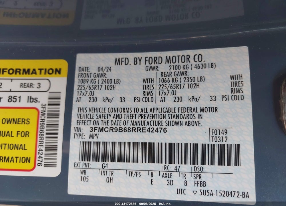 2024 FORD BRONCO SPORT VIN: 3FMCR9B68RRE42476