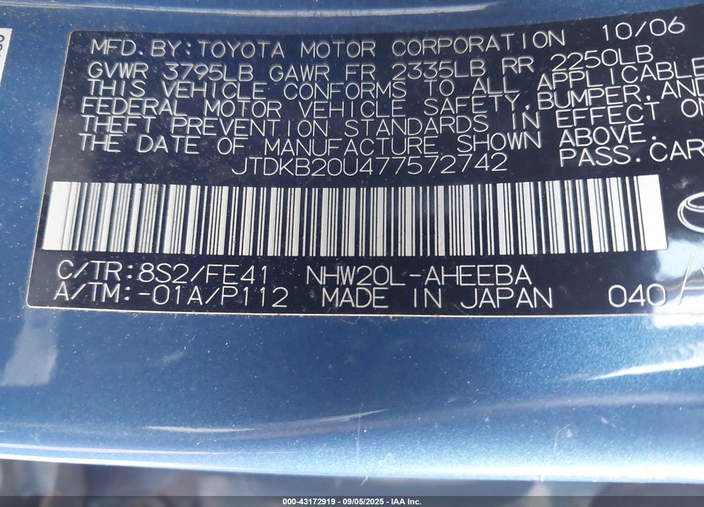 2007 TOYOTA PRIUS VIN: JTDKB20U477572742
