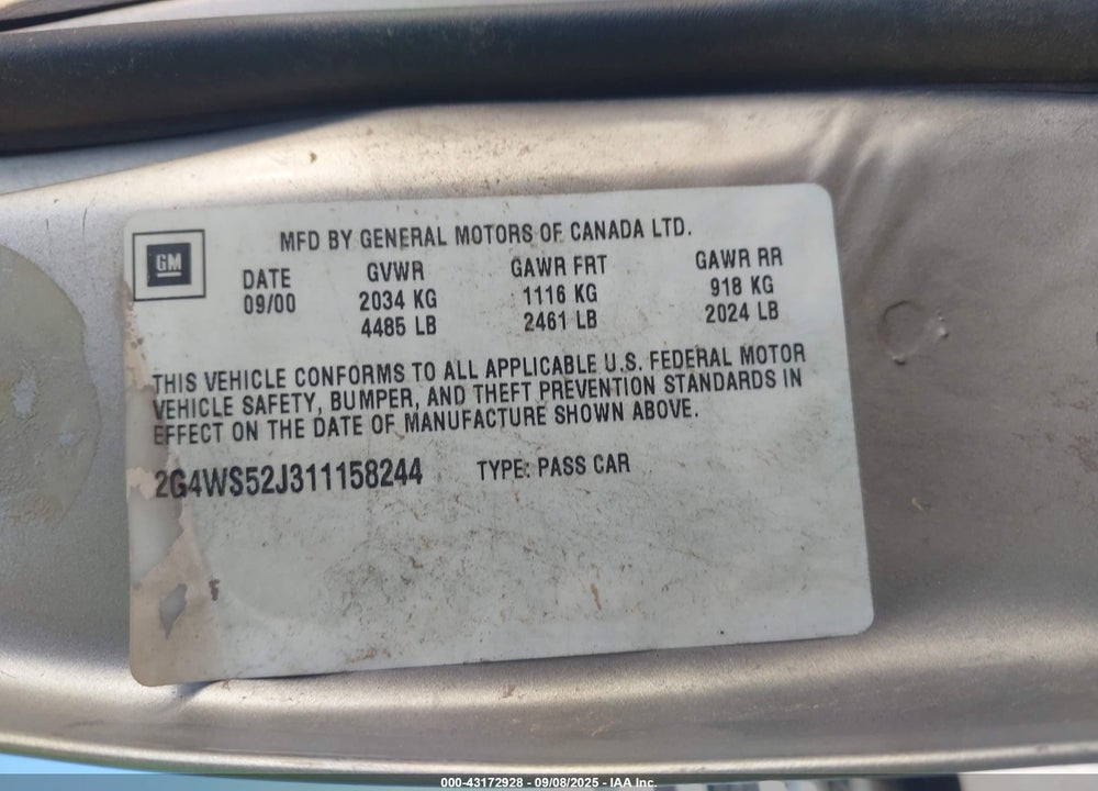 2001 BUICK CENTURY CUSTOM VIN: 2G4WS52J311158244