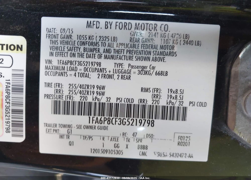 2016 FORD MUSTANG VIN: 1FA6P8CF3G5219798
