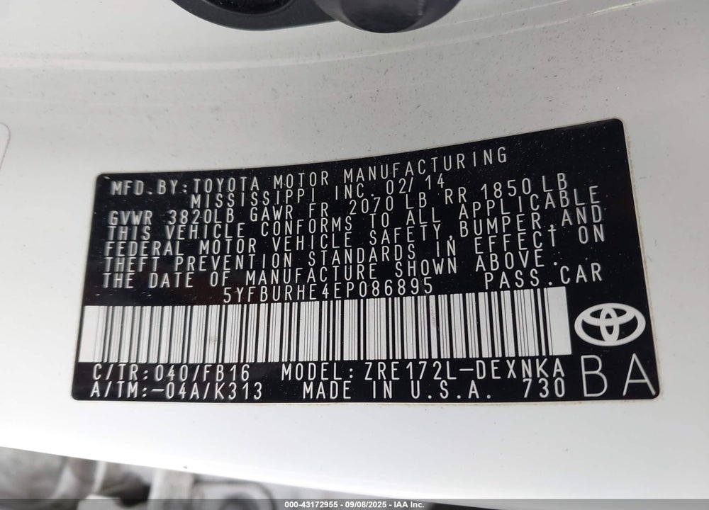 2014 TOYOTA COROLLA LE VIN: 5YFBURHE4EP086895