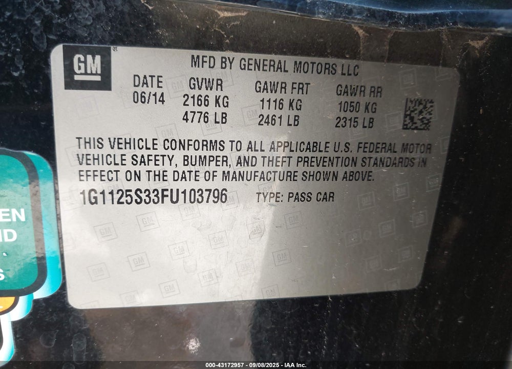 2015 CHEVROLET IMPALA VIN: 1G1125S33FU103796