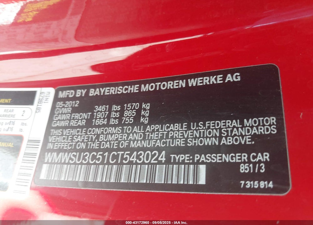 2012 MINI COOPER VIN: WMWSU3C51CT543024