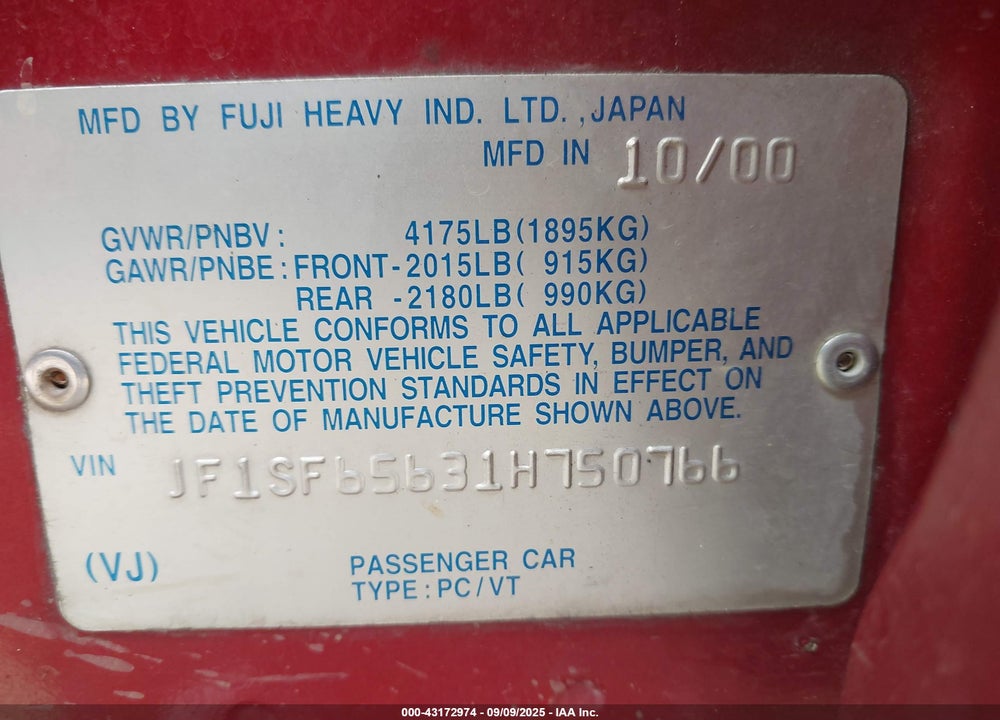 2001 SUBARU FORESTER S VIN: JF1SF65631H750766