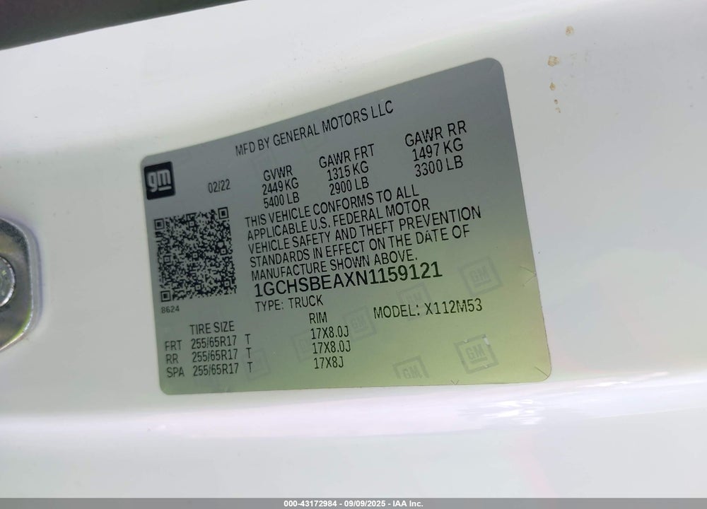 2022 CHEVROLET COLORADO VIN: 1GCHSBEAXN1159121