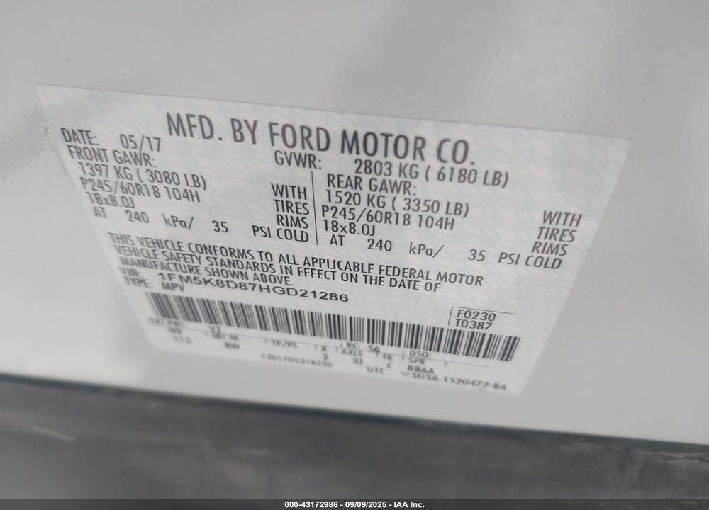 2017 FORD EXPLORER VIN: 1FM5K8D87HGD21286