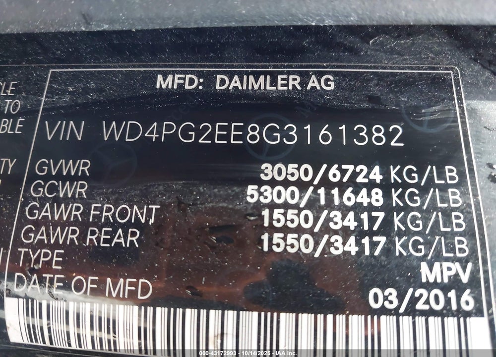 2016 MERCEDES-BENZ METRIS VIN: WD4PG2EE8G3161382