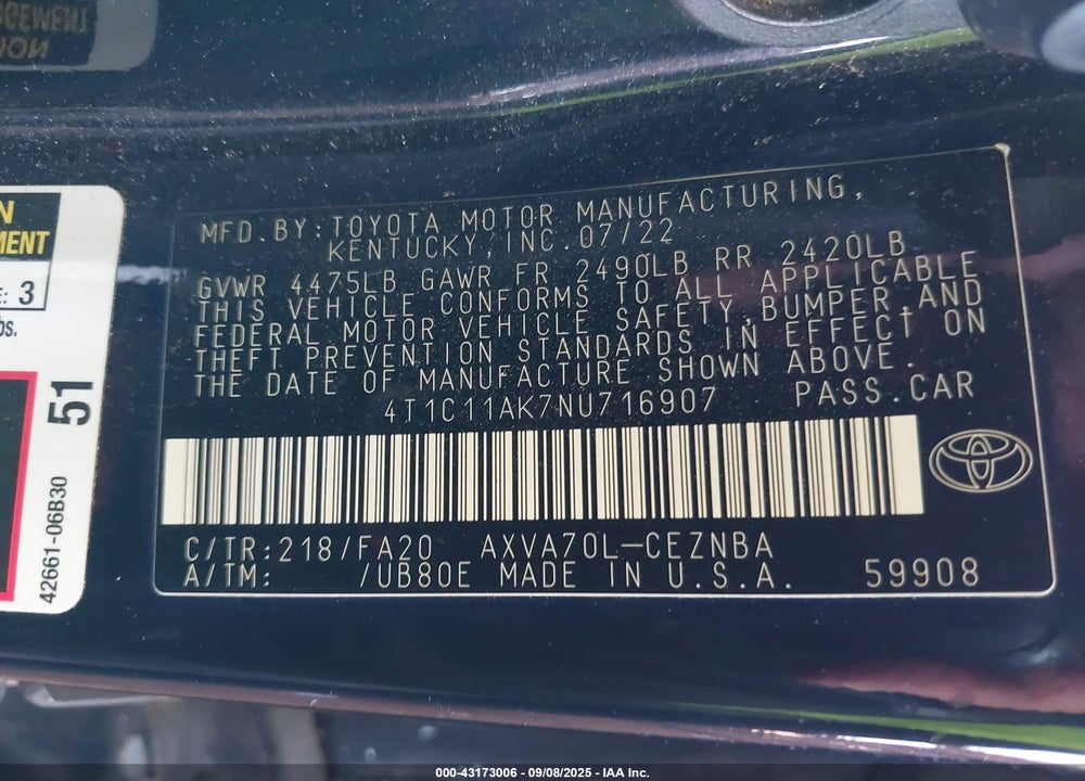 2022 TOYOTA CAMRY LE VIN: 4T1C11AK7NU716907