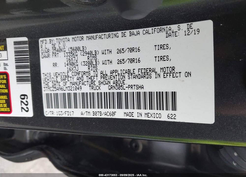 2020 TOYOTA TACOMA VIN: 3TMCZ5AN6LM321049