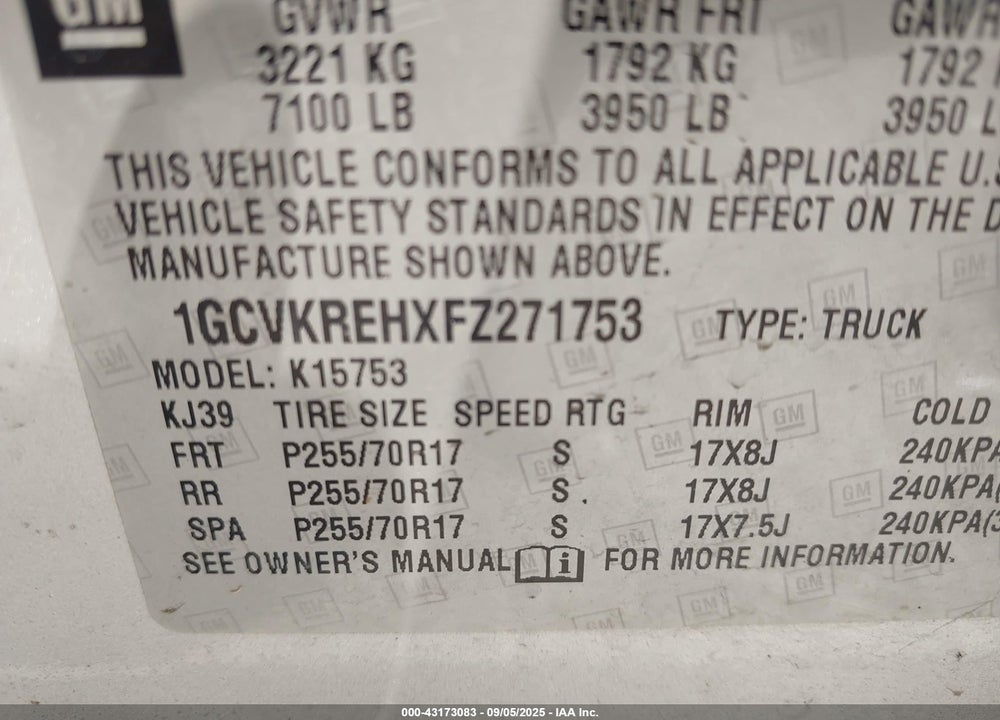2015 CHEVROLET SILVERADO VIN: 1GCVKREHXFZ271753