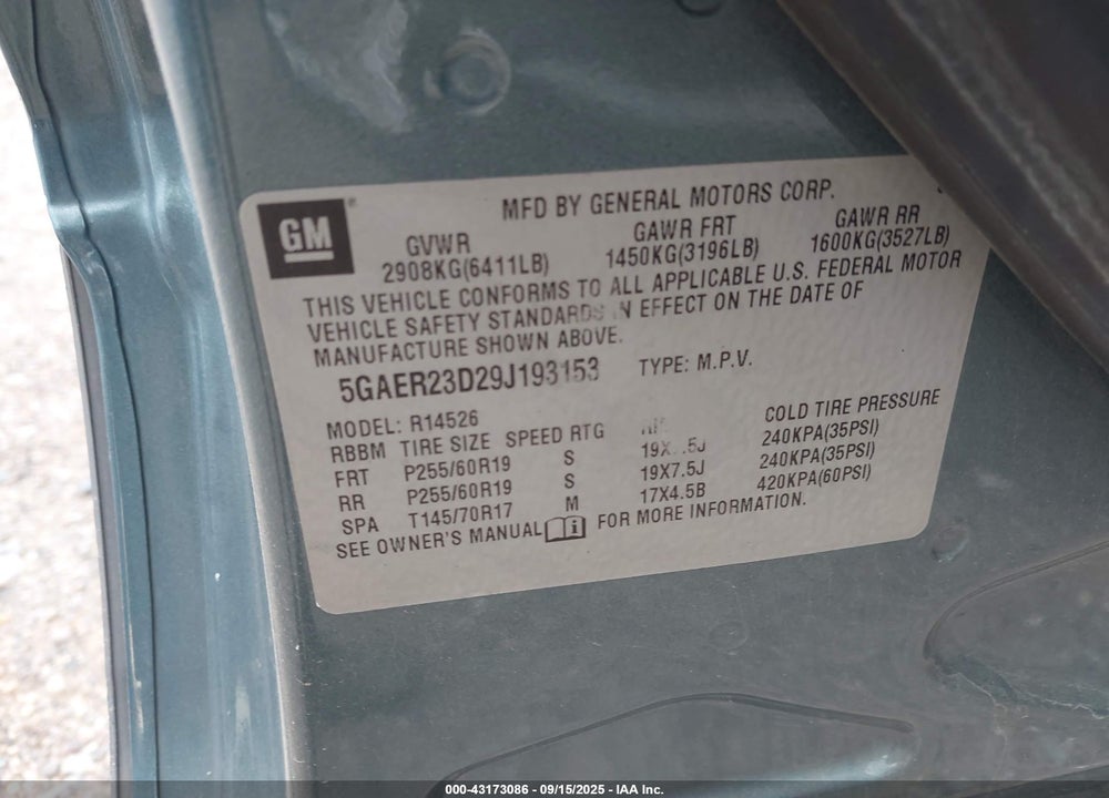 2009 BUICK ENCLAVE VIN: 5GAER23D29J193153