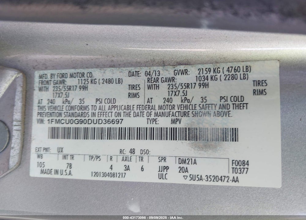 2013 FORD ESCAPE VIN: 1FMCU0G90DUD36697