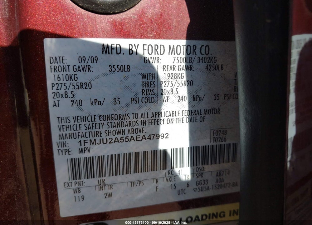 2010 FORD EXPEDITION VIN: 1FMJU2A55AEA47992