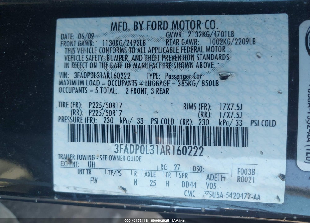 2010 FORD FUSION VIN: 3FADP0L31AR160222