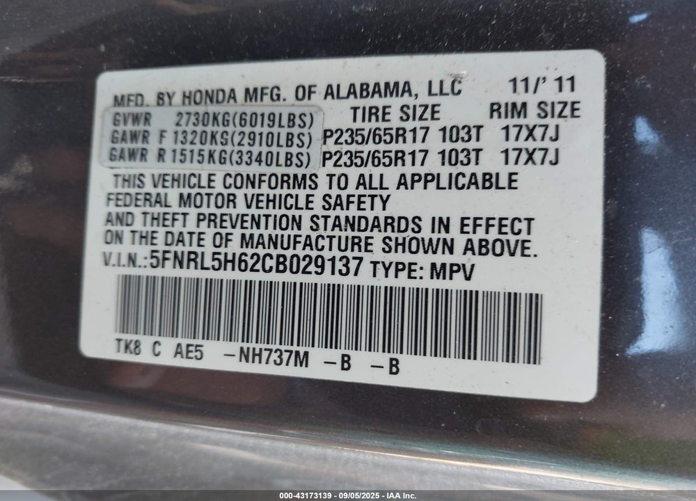 2012 HONDA ODYSSEY EX-L VIN: 5FNRL5H62CB029137