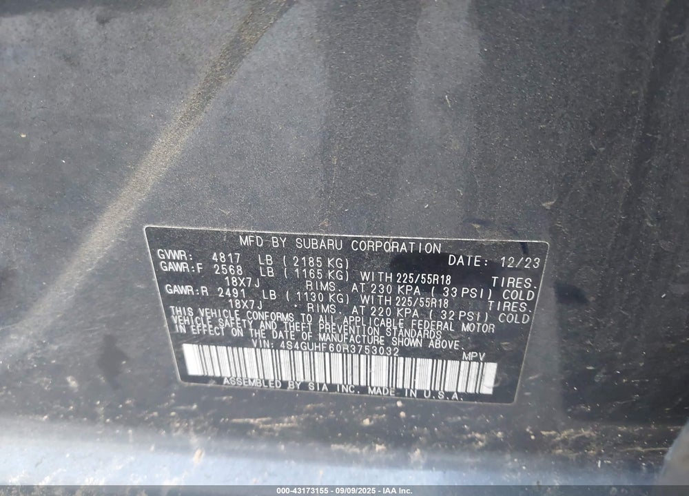 2024 SUBARU CROSSTREK SPORT VIN: 4S4GUHF60R3753032