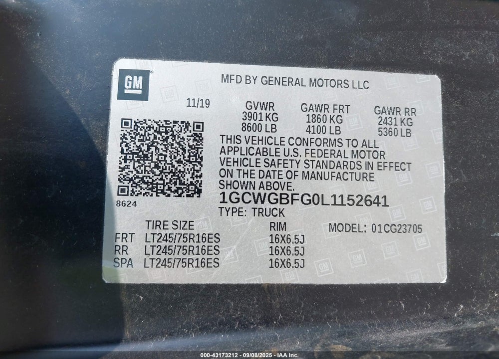 2020 CHEVROLET EXPRESS CARGO RWD 2500 EXTENDED WHEELBASE WT VIN: 1GCWGBFG0L1152641