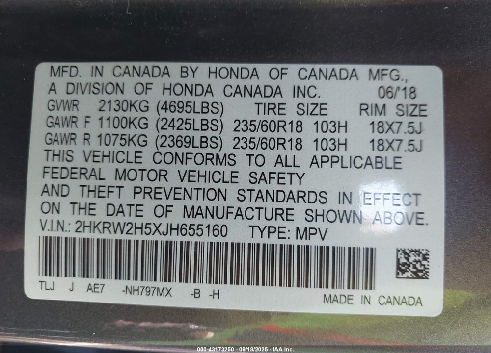 2018 HONDA CR-V VIN: 2HKRW2H5XJH655160