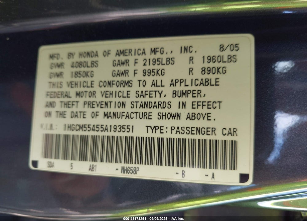 2005 HONDA ACCORD 2.4 LX VIN: 1HGCM55455A193551