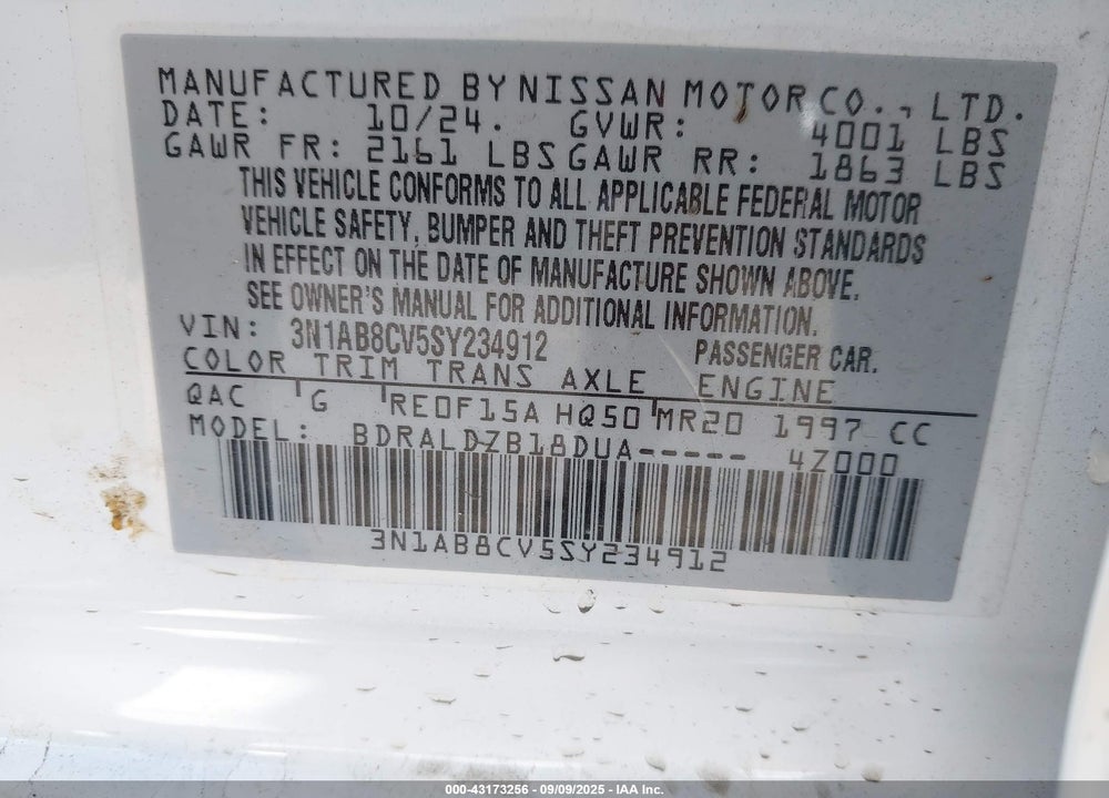 2025 NISSAN SENTRA VIN: 3N1AB8CV5SY234912