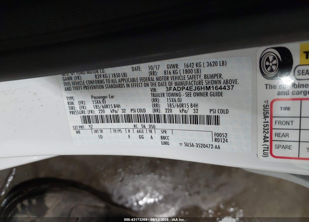 2017 FORD FIESTA VIN: 3FADP4EJ6HM164437