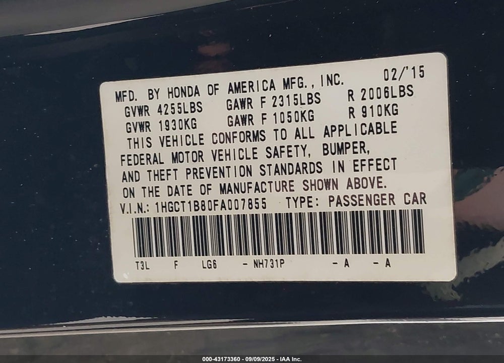 2015 HONDA ACCORD VIN: 1HGCT1B80FA007855