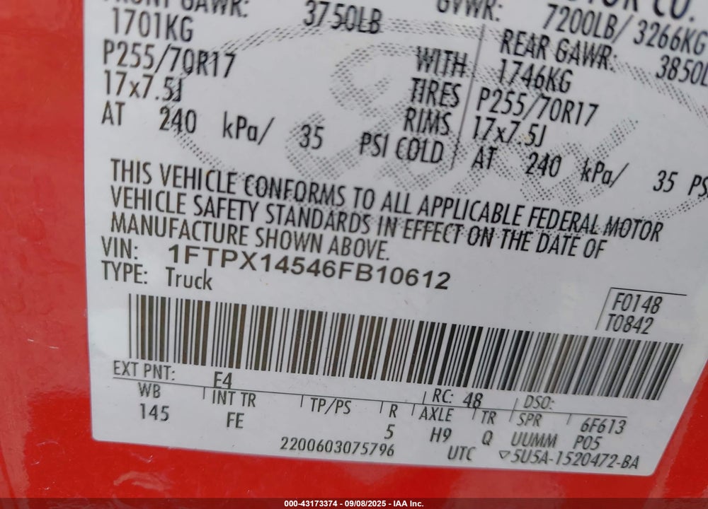 2006 FORD F-150 FX4/LARIAT/XL/XLT VIN: 1FTPX14546FB10612