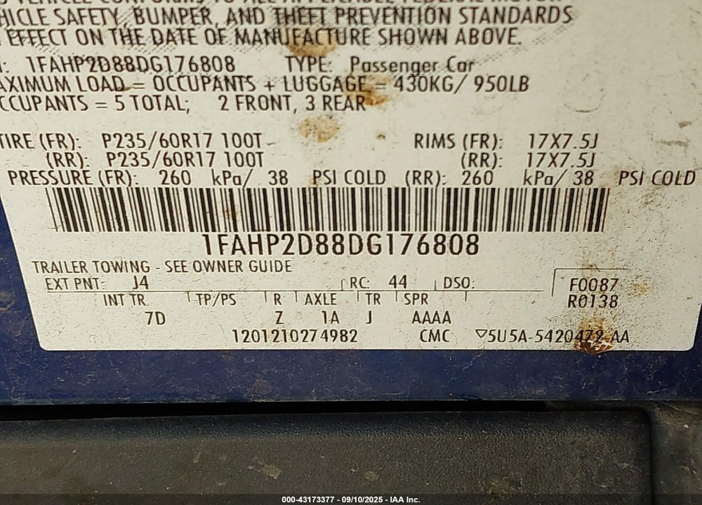 2013 FORD TAURUS VIN: 1FAHP2D88DG176808