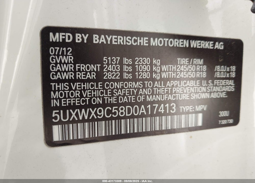 2013 BMW X3 XDRIVE28I VIN: 5UXWX9C58D0A17413