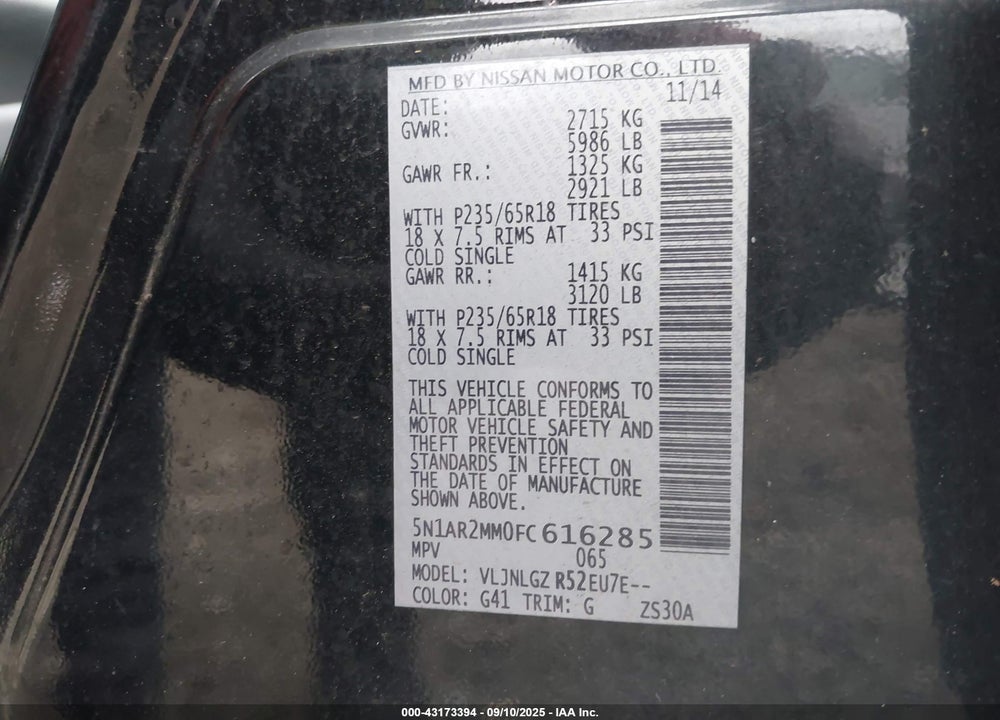 2015 NISSAN PATHFINDER SL VIN: 5N1AR2MM0FC616285