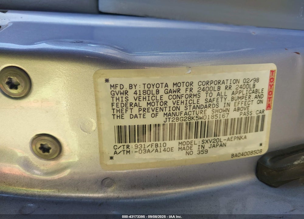 1998 TOYOTA CAMRY LE VIN: JT2BG28K5W0185167