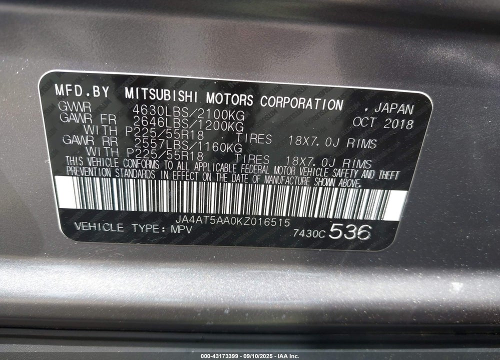 2019 MITSUBISHI ECLIPSE CROSS SE VIN: JA4AT5AA0KZ016515