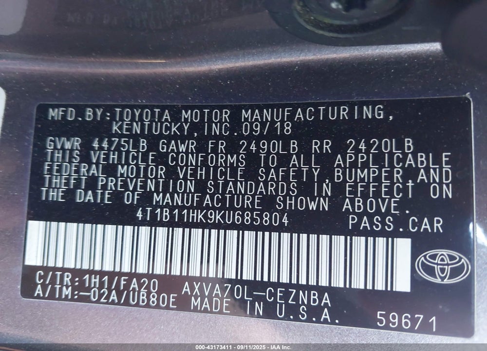 2019 TOYOTA CAMRY VIN: 4T1B11HK9KU685804